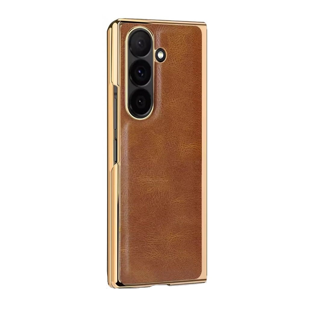 Samsung Galaxy Z Fold7 Luxurious Premium Gold Electroplated Leather Case with Front Glass - Golden Brown