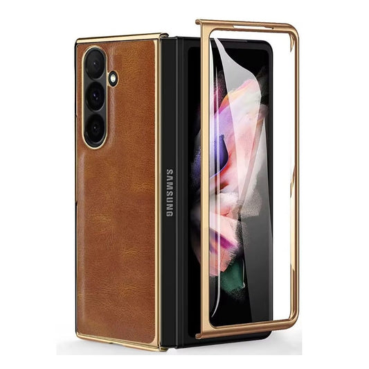 Samsung Galaxy Z Fold7 Luxurious Premium Gold Electroplated Leather Case with Front Glass - Golden Brown