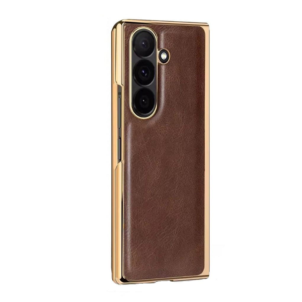 Samsung Galaxy Z Fold7 Luxurious Premium Gold Electroplated Leather Case with Front Glass - Coffee Brown