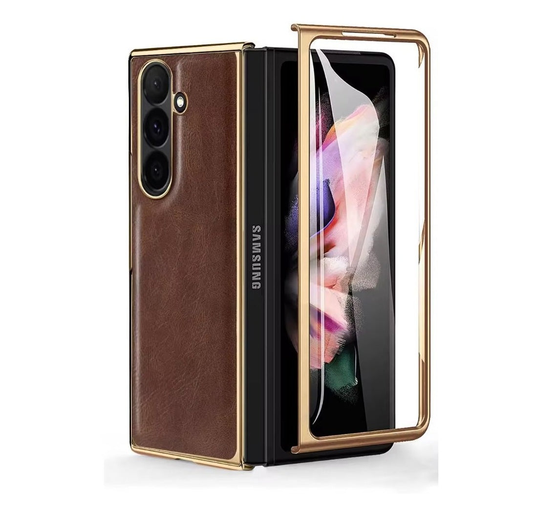 Samsung Galaxy Z Fold7 Luxurious Premium Gold Electroplated Leather Case with Front Glass - Coffee Brown