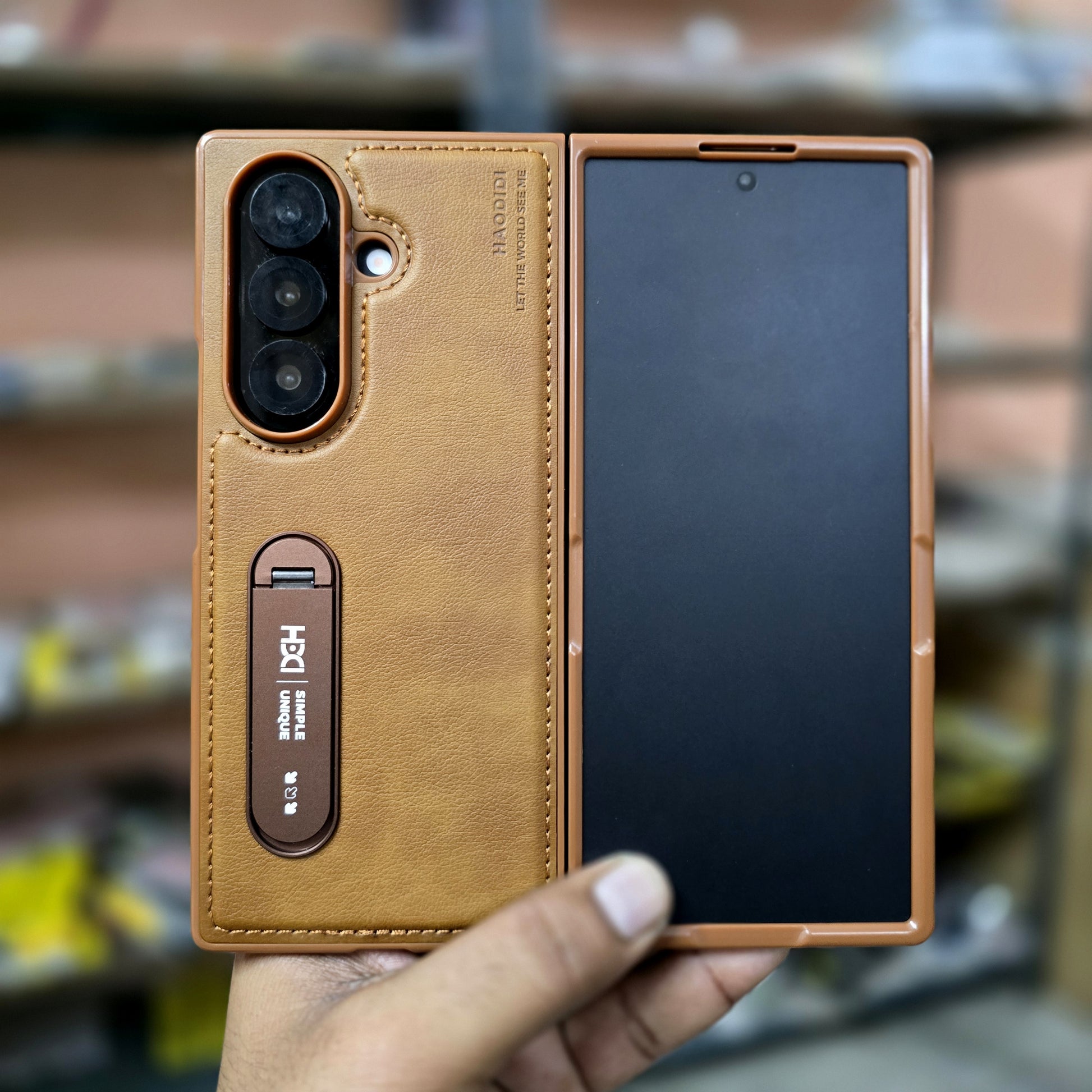 Samsung Galaxy Z Fold7 HBD Real Leather Case with Metal Stand - Brown