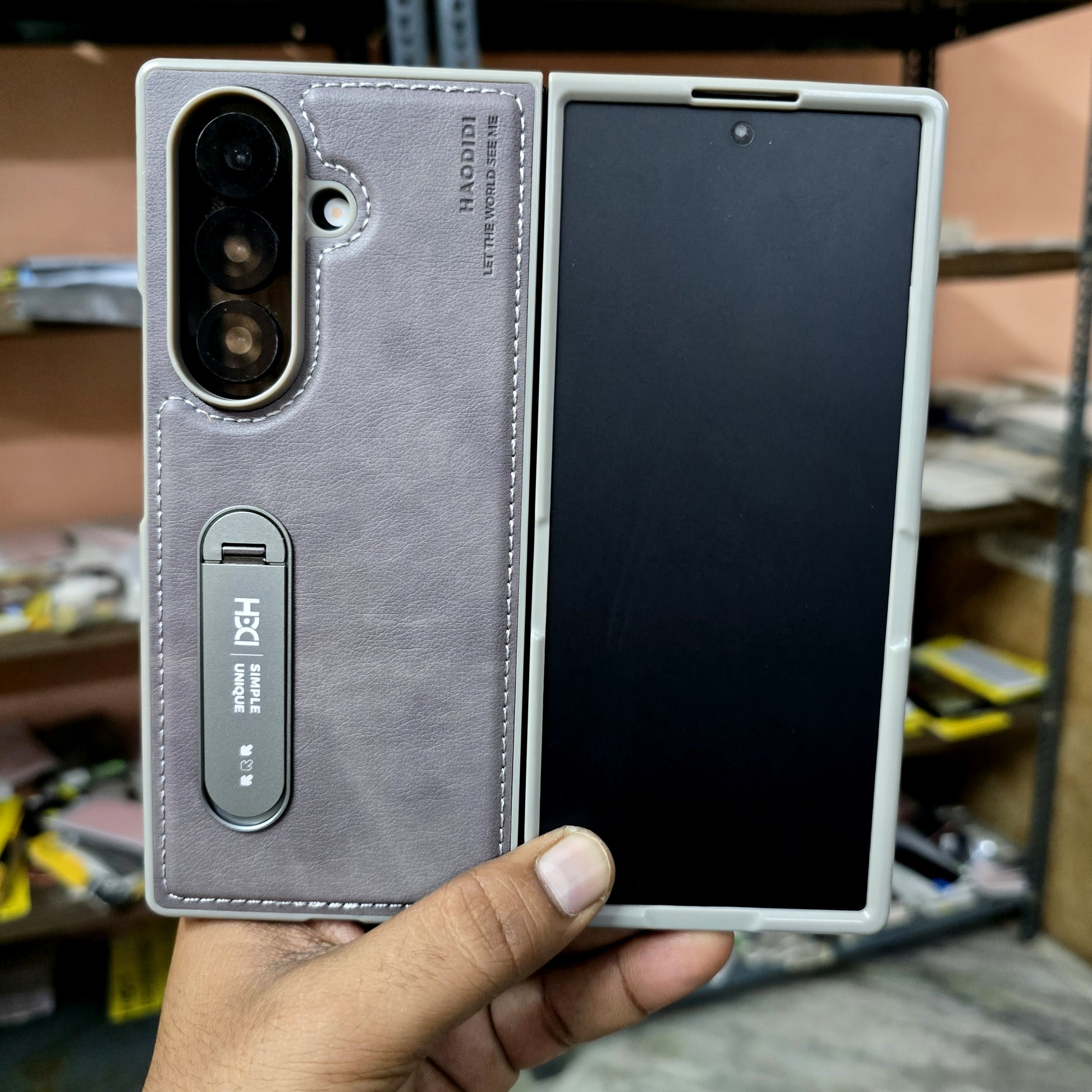 Samsung Galaxy Z Fold7 HBD Real Leather Case with Metal Stand - Grey