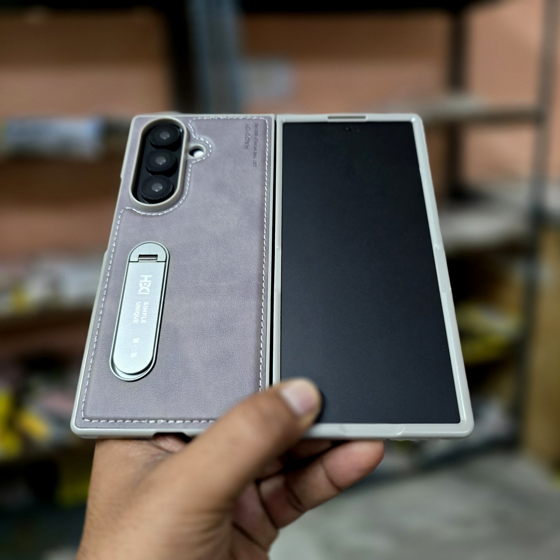 Samsung Galaxy Z Fold7 HBD Real Leather Case with Metal Stand - Grey