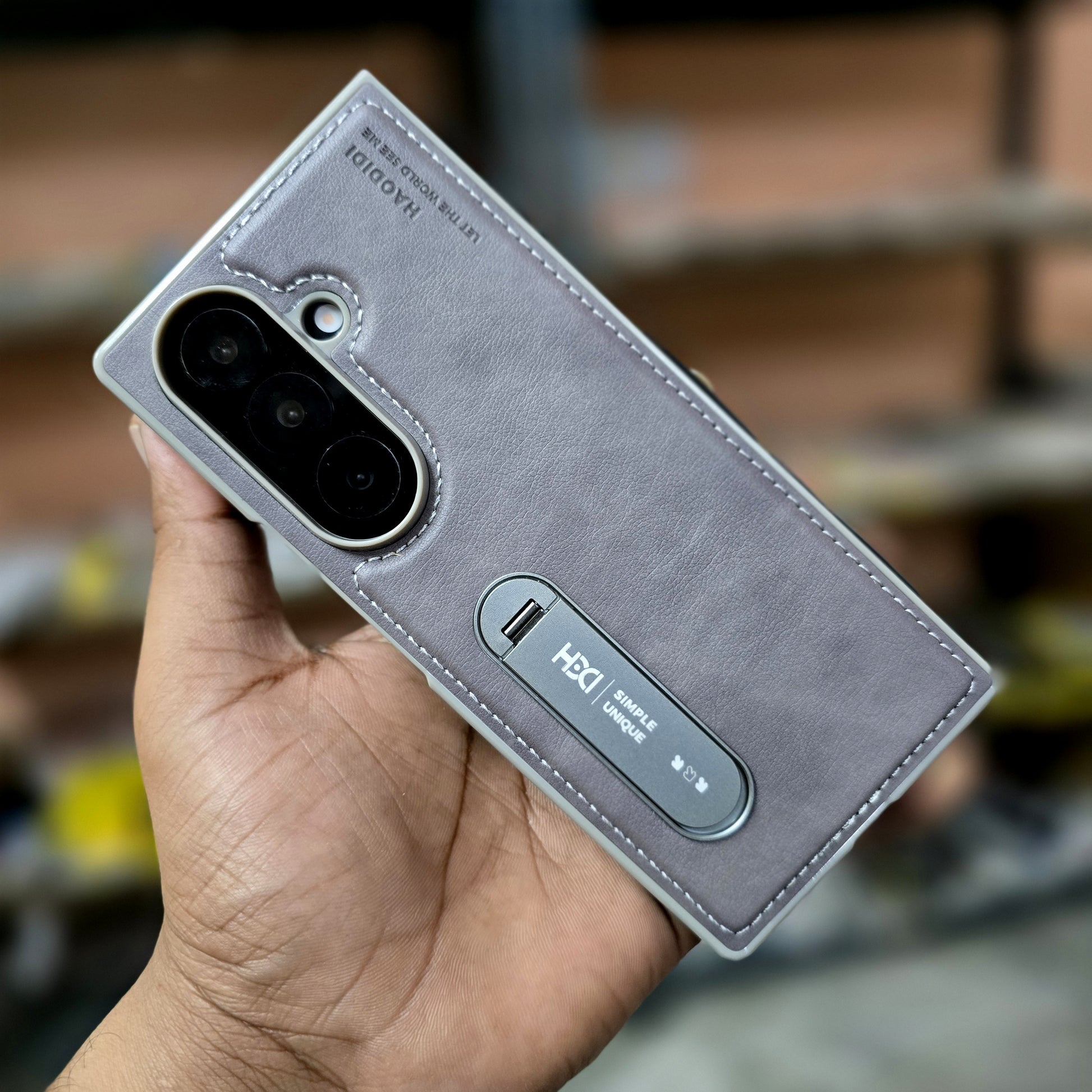 Samsung Galaxy Z Fold7 HBD Real Leather Case with Metal Stand - Grey