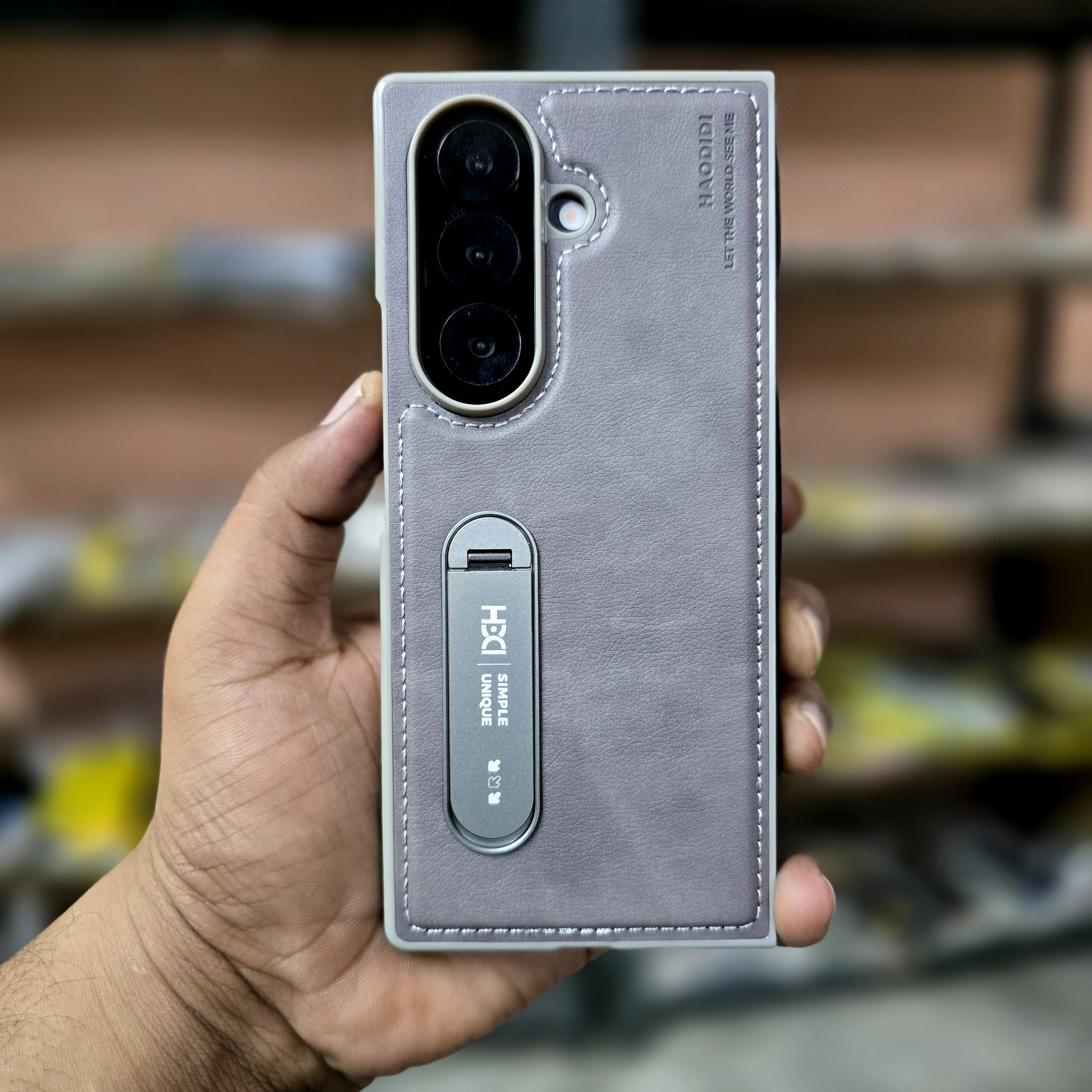 Samsung Galaxy Z Fold7 HBD Real Leather Case with Metal Stand - Grey