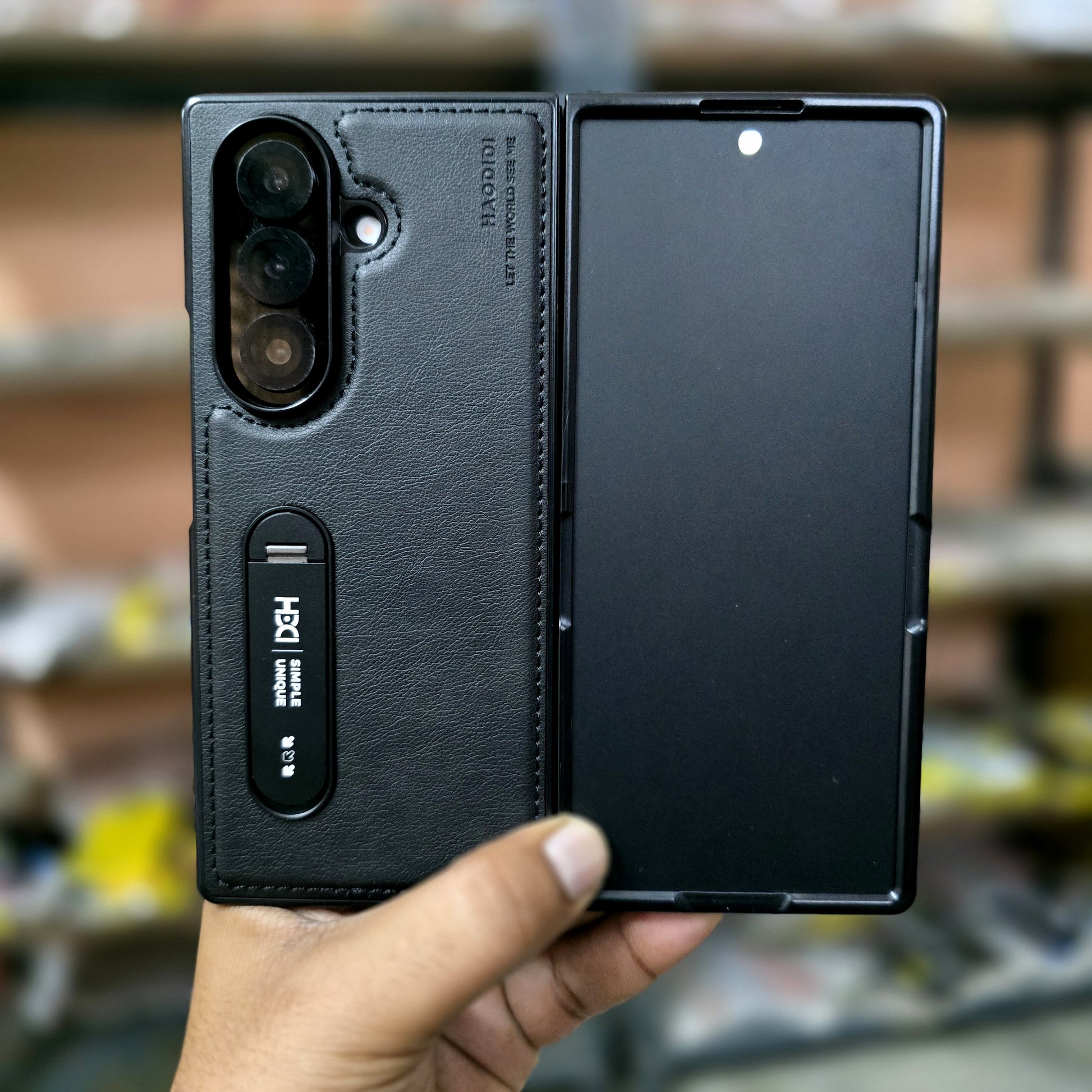 Samsung Galaxy Z Fold7 HBD Real Leather Case with Metal Stand - Black