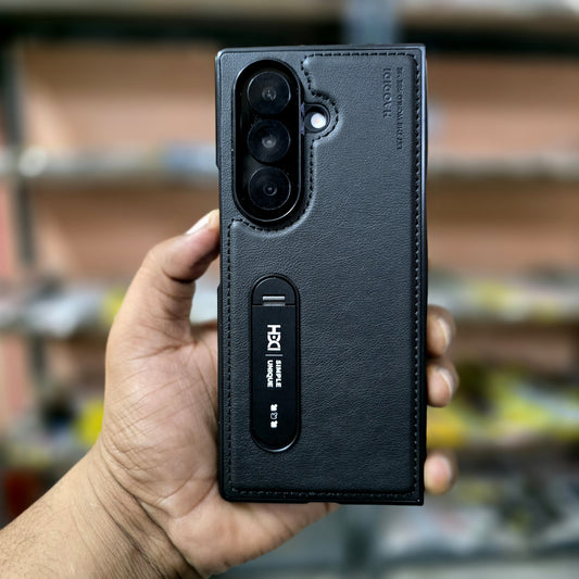 Samsung Galaxy Z Fold7 HBD Real Leather Case with Metal Stand - Black