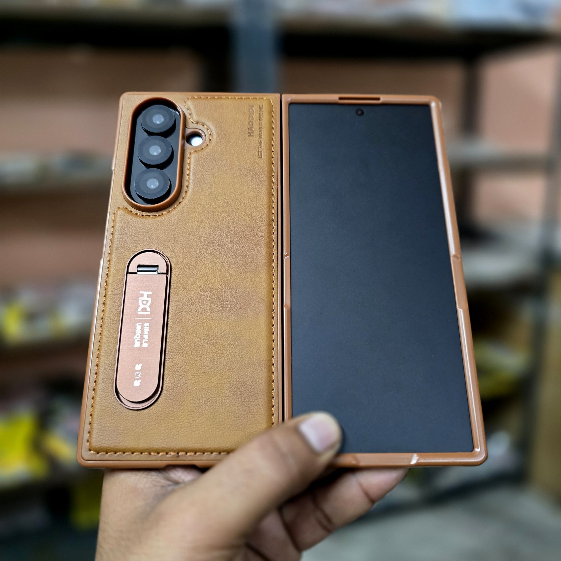 Samsung Galaxy Z Fold7 HBD Real Leather Case with Metal Stand - Brown