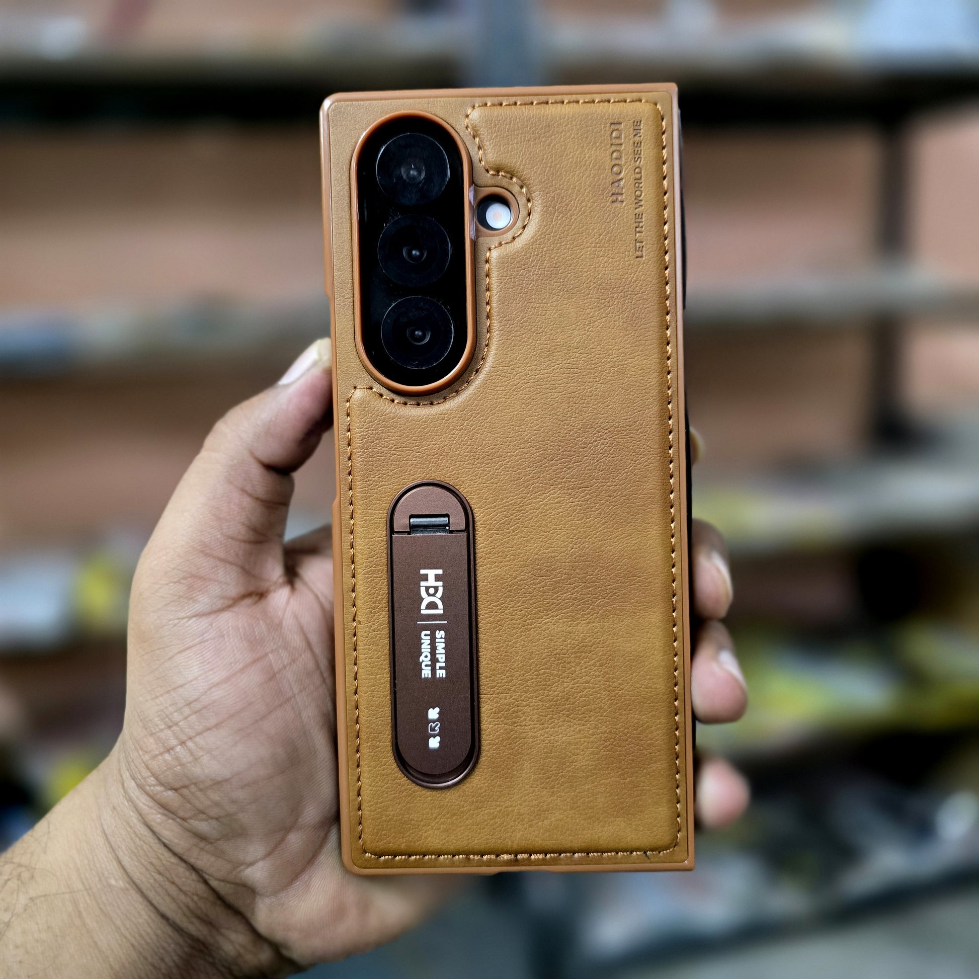 Samsung Galaxy Z Fold7 HBD Real Leather Case with Metal Stand - Brown