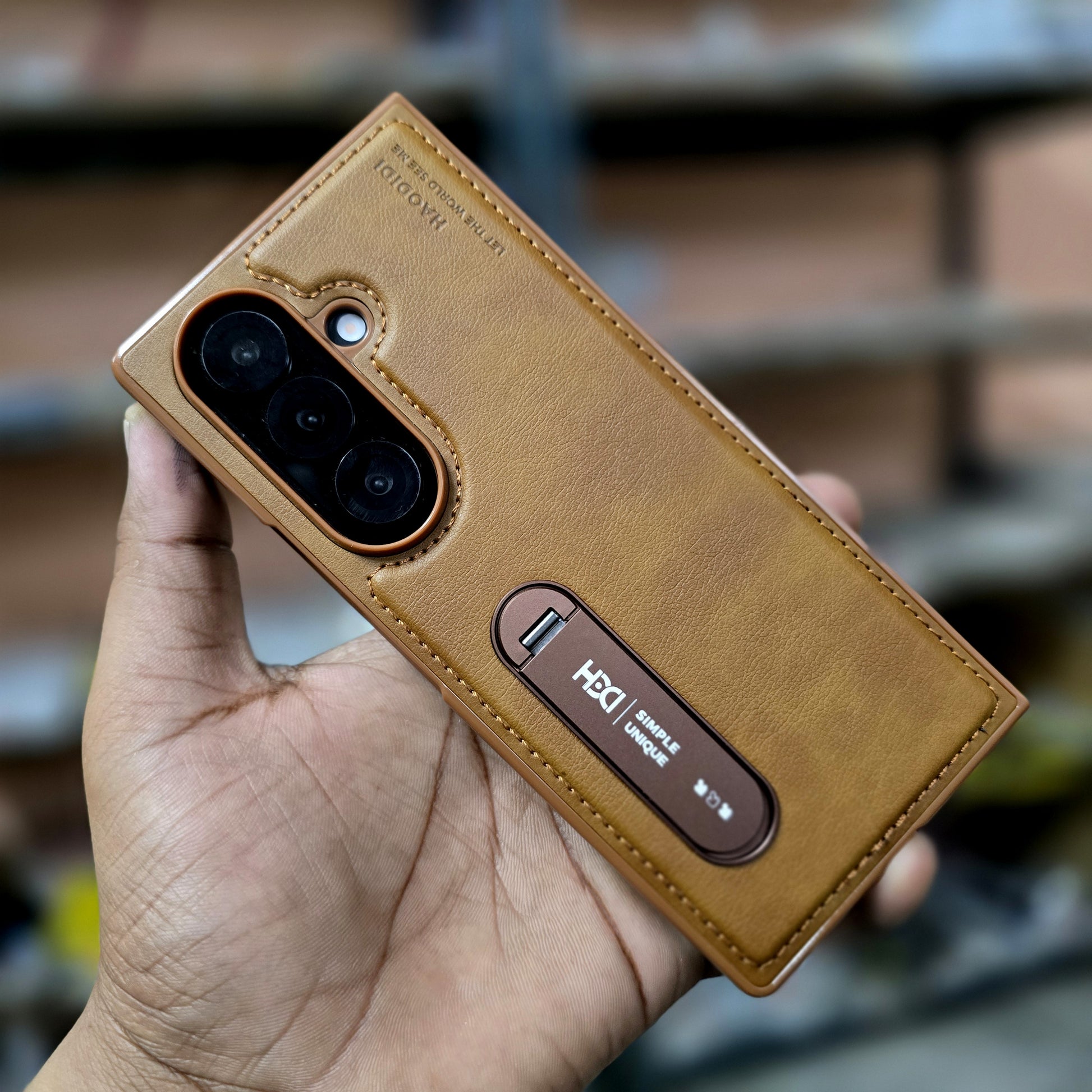 Samsung Galaxy Z Fold7 HBD Real Leather Case with Metal Stand - Brown