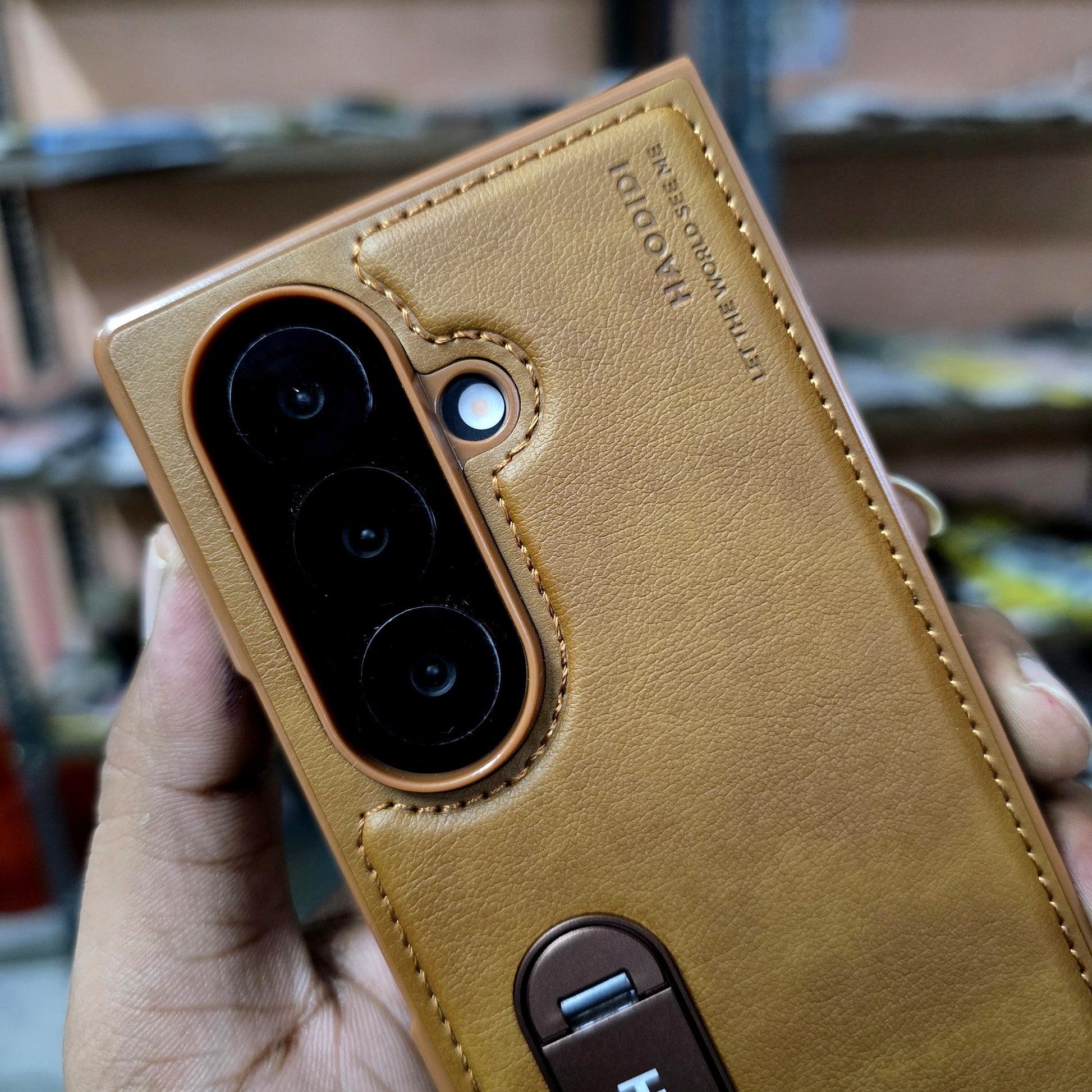 Samsung Galaxy Z Fold7 HBD Real Leather Case with Metal Stand - Brown