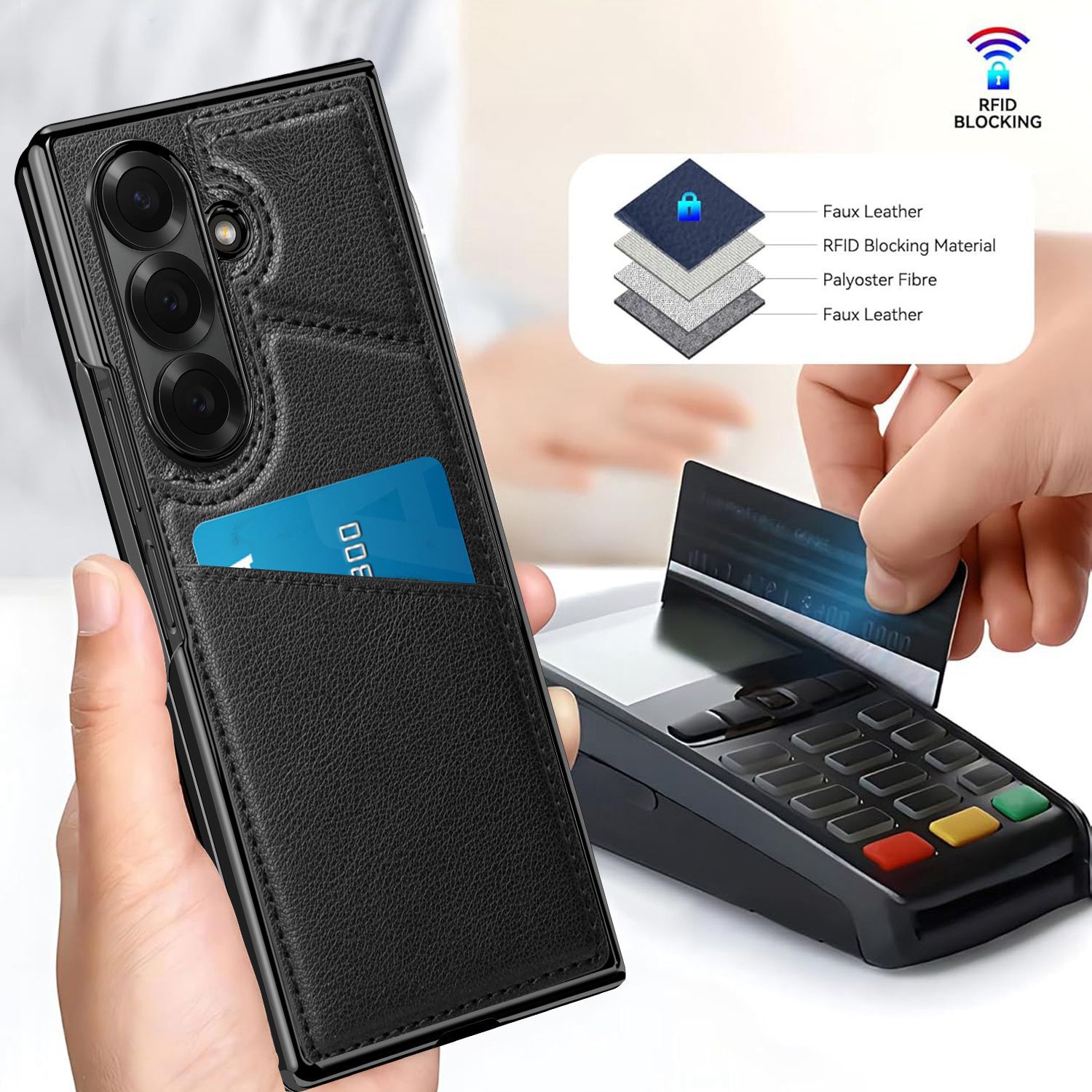 Samsung Galaxy Z Fold7 Wallet Card Slot Leather Case with Magsafe In Built Front Glass - Black