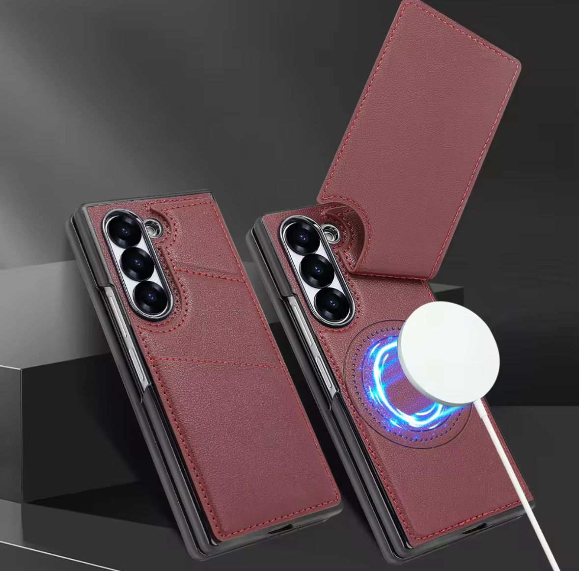 Samsung Galaxy Z Fold7 Wallet Card Slot Leather Case with Magsafe In Built Front Glass - Black