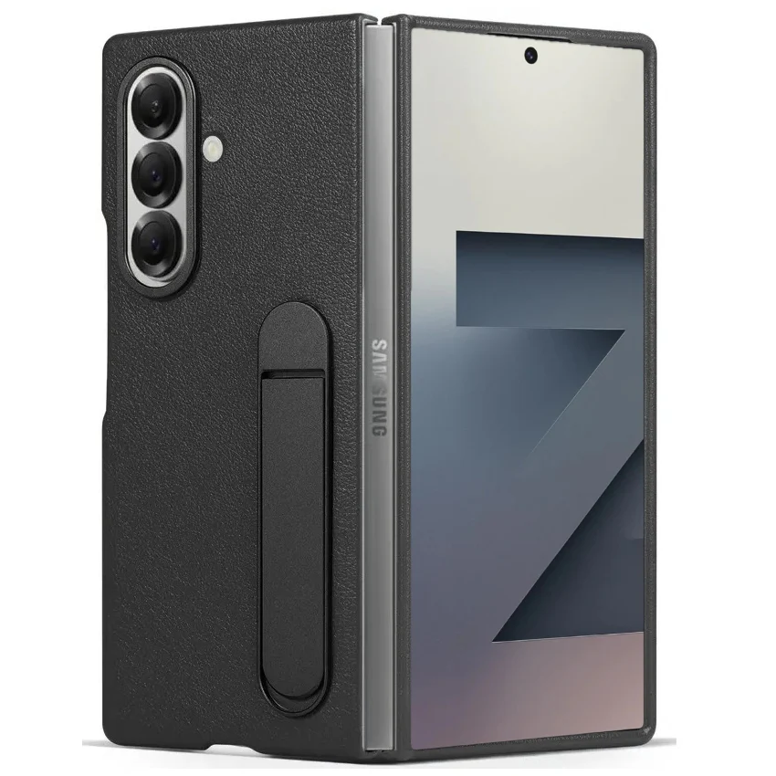 Samsung Galaxy Z Fold7 Leather Case, Kickstand Kindsuit Series Leather Back Cover - Black