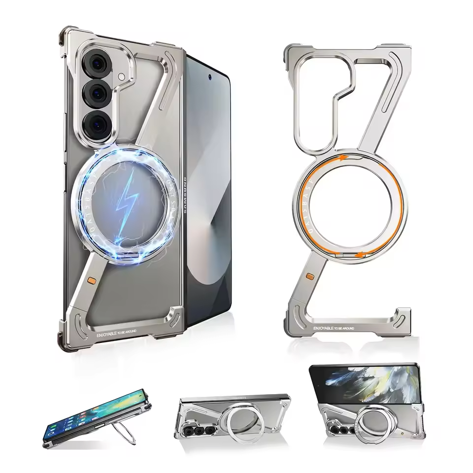 Samsung Galaxy Z Fold7 Metal Case, Frameless Z Shape Aluminum Alloy 360 ° Magnetic Rotating Ring with Magsafe - Titanium