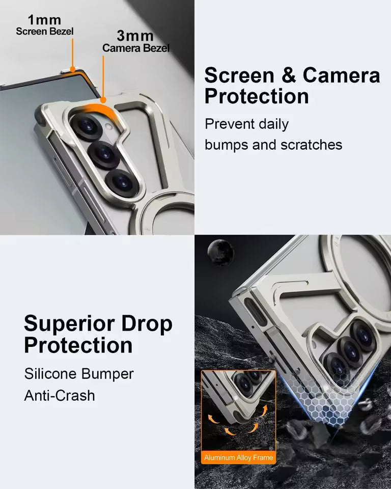 Samsung Galaxy Z Fold7 Metal Case, Frameless Z Shape Aluminum Alloy 360 ° Magnetic Rotating Ring with Magsafe