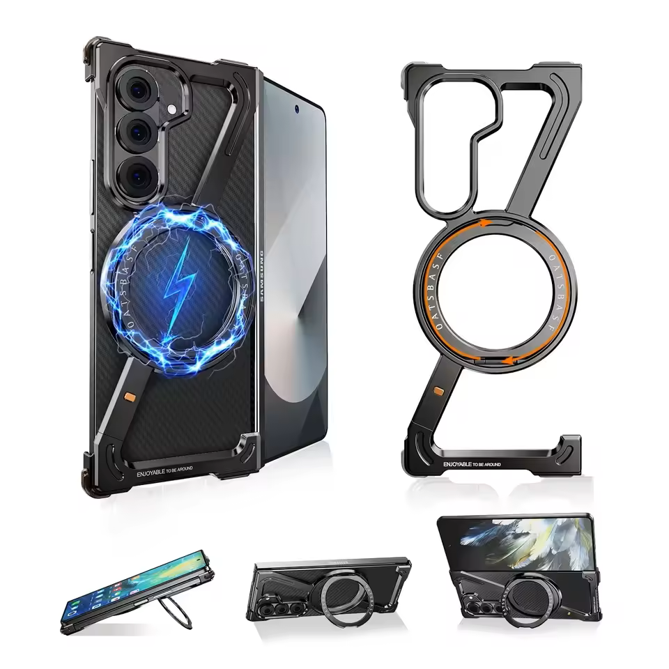 Samsung Galaxy Z Fold7 Metal Case, Frameless Z Shape Aluminum Alloy 360 ° Magnetic Rotating Ring with Magsafe - Black