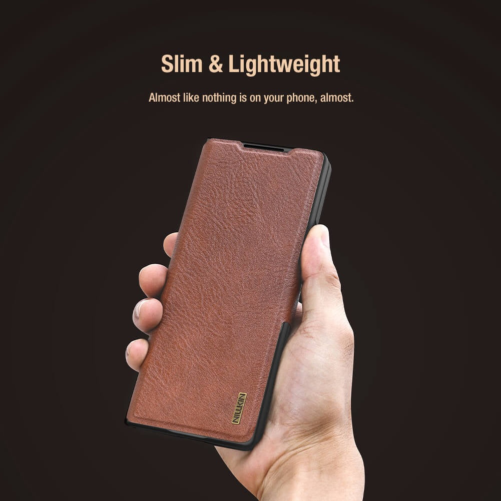 Samsung Galaxy Z Fold7 Nillkin Aoge Genuine Leather Flip Case with Spen Slot and Kickstand - Brown