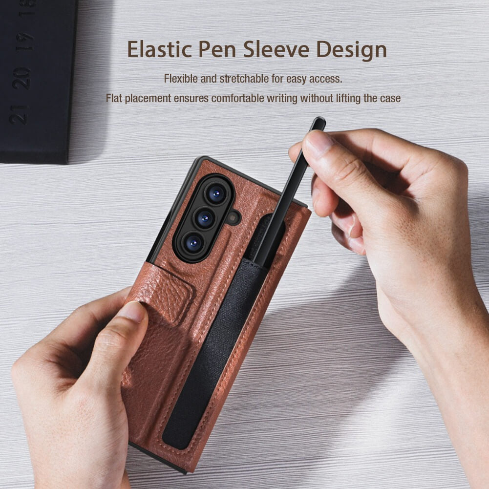 Samsung Galaxy Z Fold7 Nillkin Aoge Genuine Leather Flip Case with Spen Slot and Kickstand - Brown