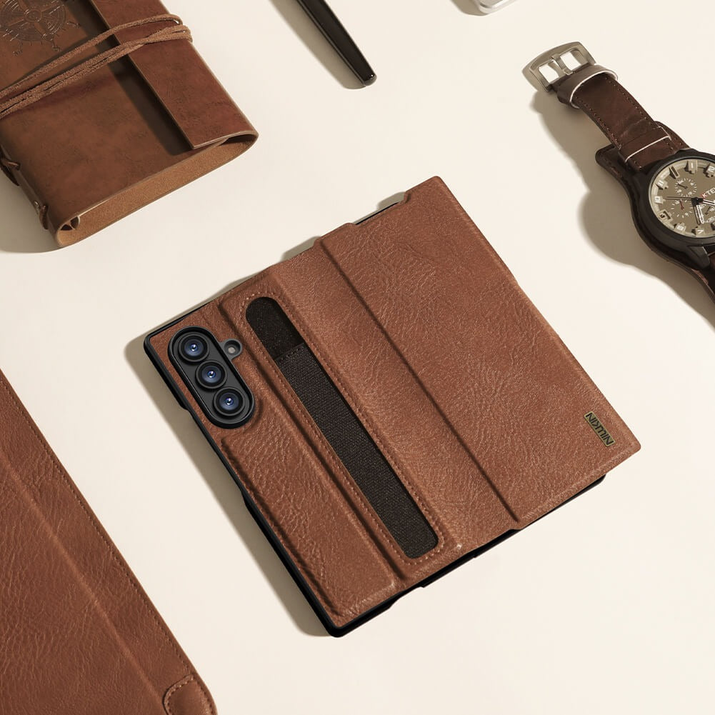 Samsung Galaxy Z Fold7 Nillkin Aoge Genuine Leather Flip Case with Spen Slot and Kickstand - Brown