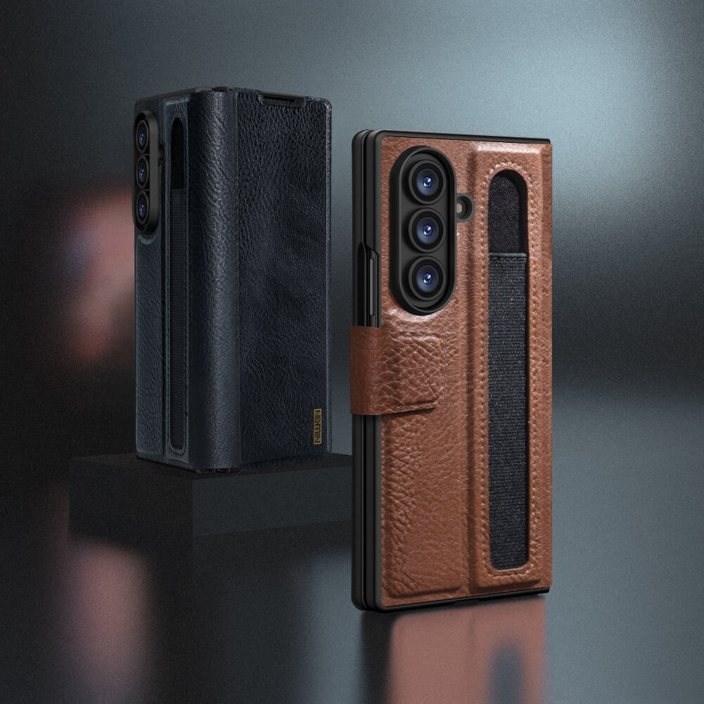 Samsung Galaxy Z Fold7 Nillkin Aoge Genuine Leather Flip Case with Spen Slot and Kickstand - Brown