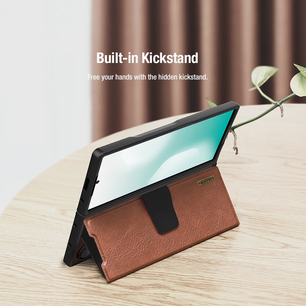 Samsung Galaxy Z Fold7 Nillkin Aoge Genuine Leather Flip Case with Spen Slot and Kickstand - Brown