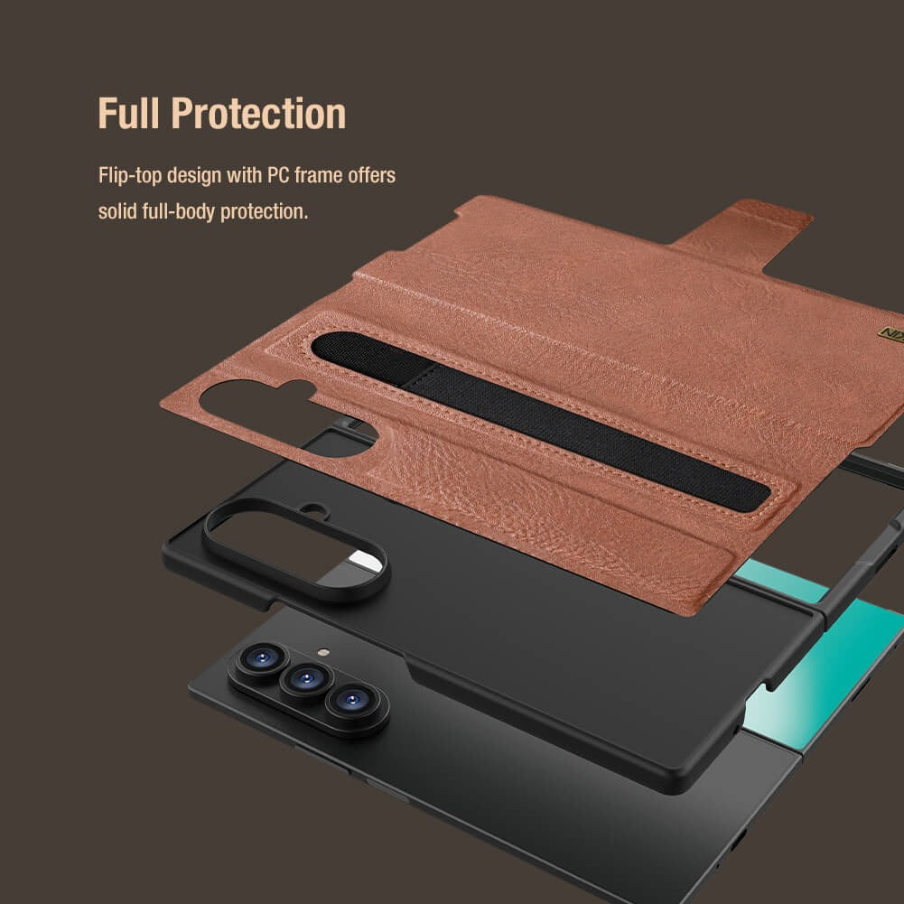 Samsung Galaxy Z Fold7 Nillkin Aoge Genuine Leather Flip Case with Spen Slot and Kickstand - Brown