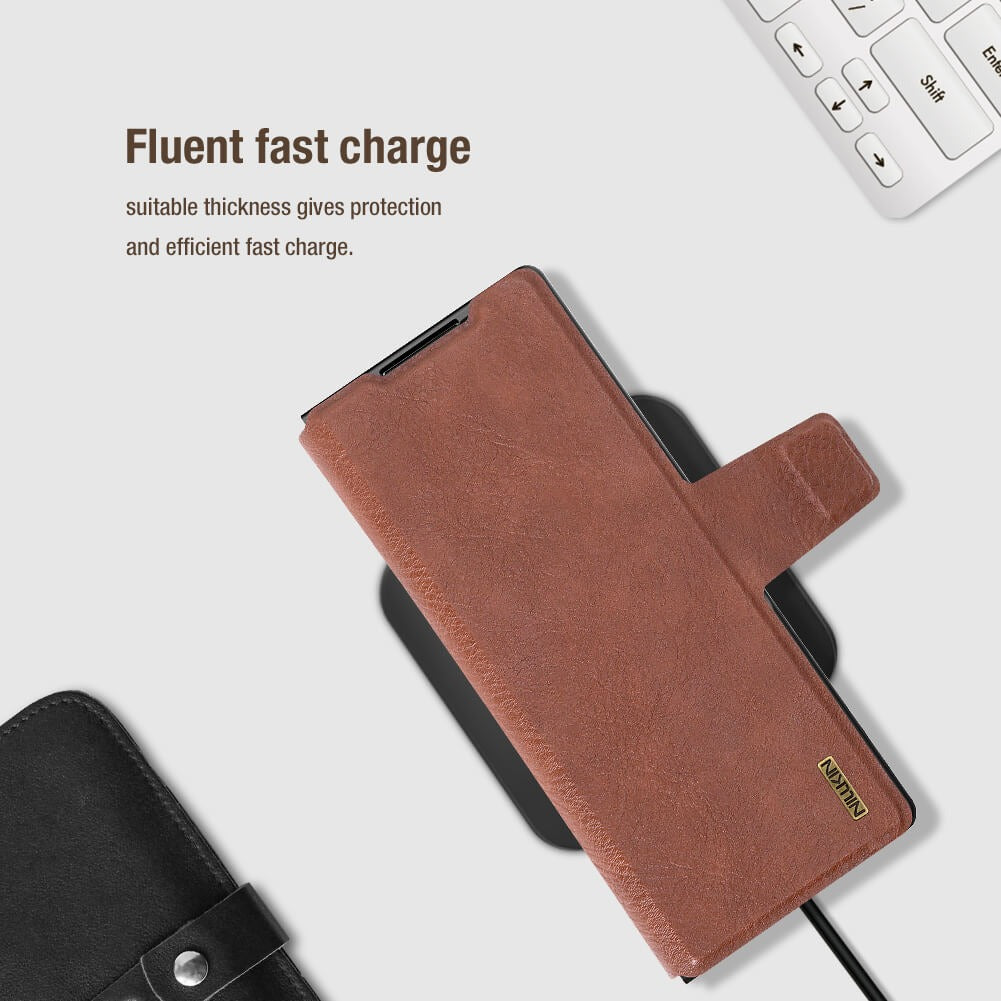 Samsung Galaxy Z Fold7 Nillkin Aoge Genuine Leather Flip Case with Spen Slot and Kickstand - Brown