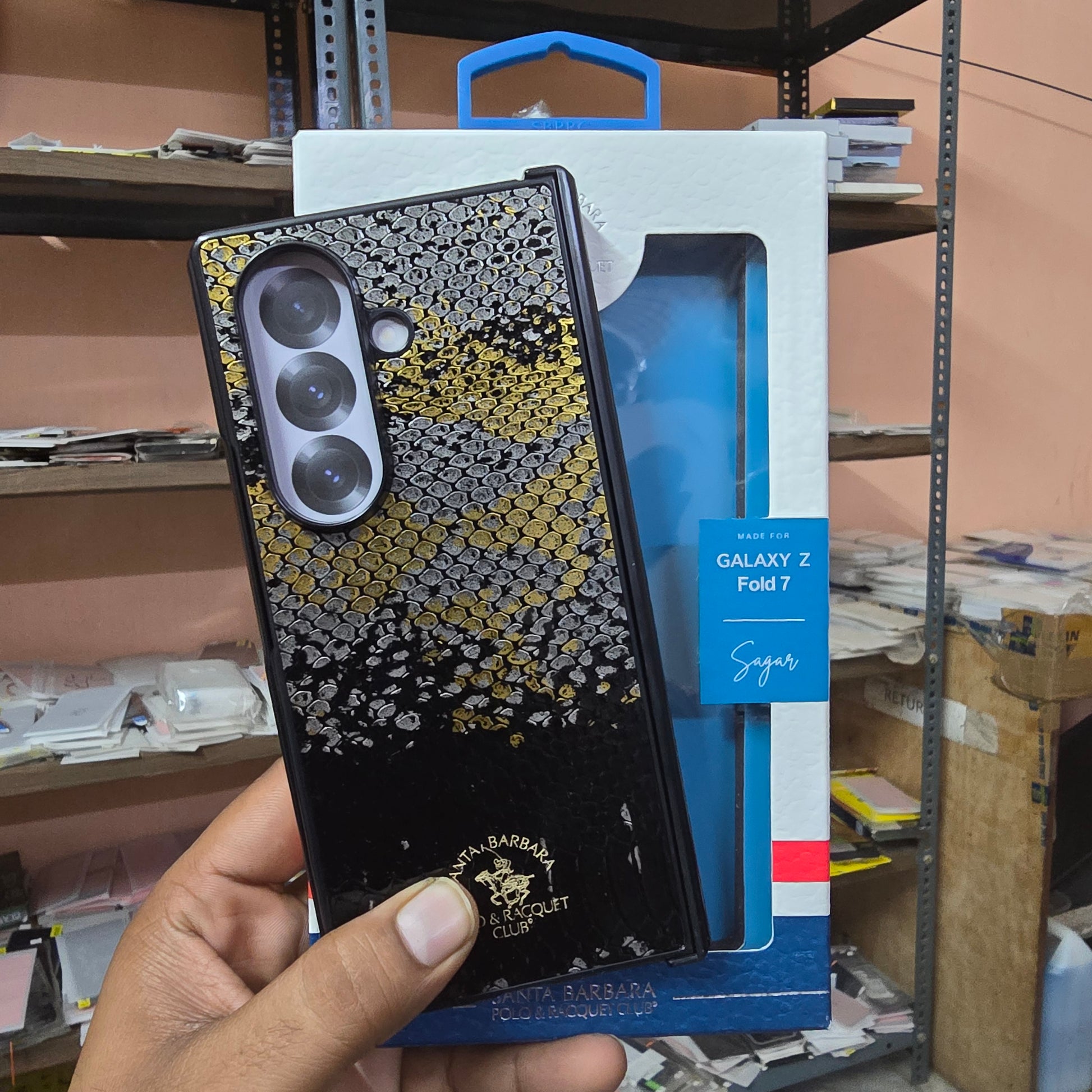 Samsung Galaxy Z Fold7 Original Santa Barbara Polo 'Sagar' Series Leather Case with Hinge Protection - Black