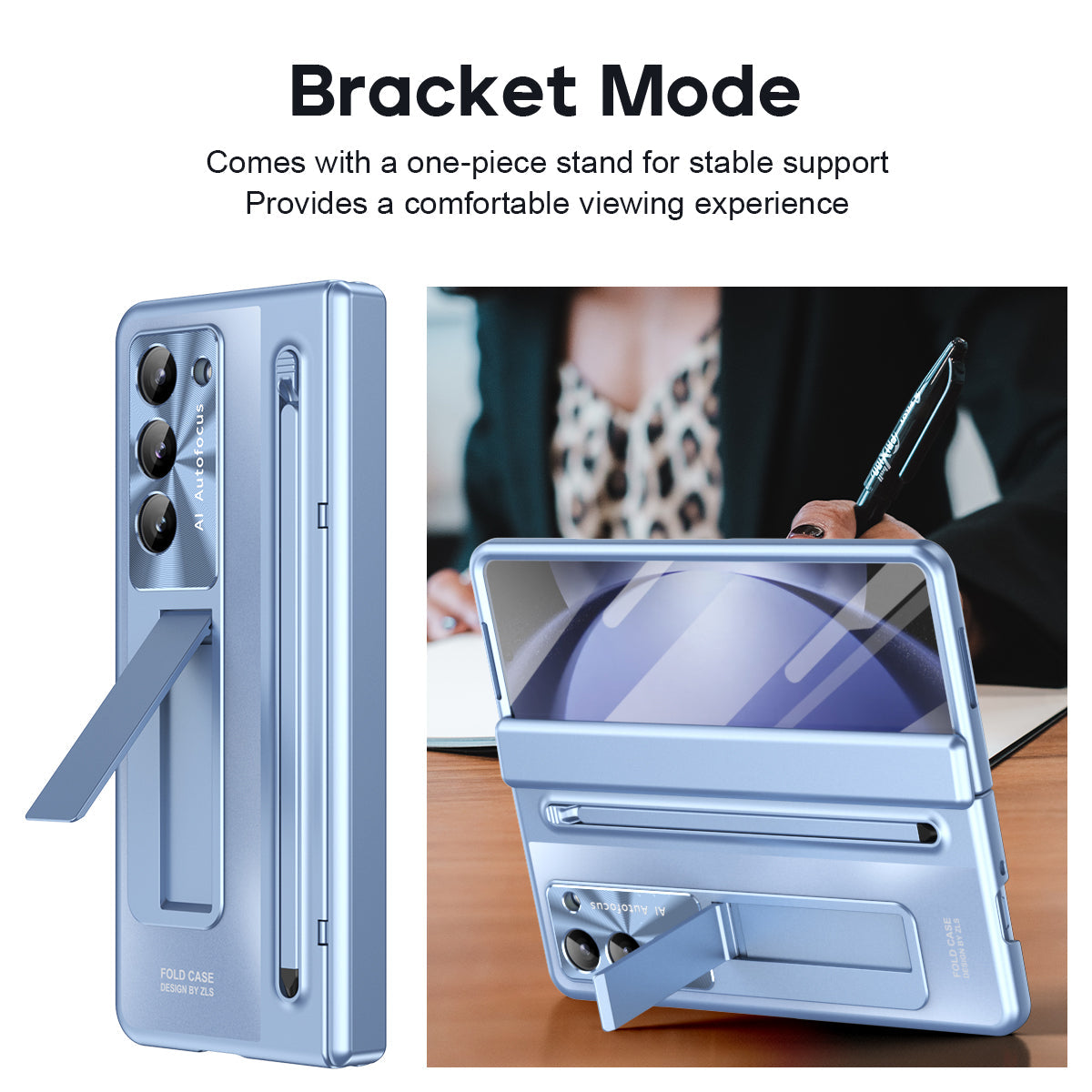 Samsung Galaxy Z Fold7 Electroplating Autofocus S-Pen Case with Kickstand Hinge Protection & Front Glass - Sky Blue