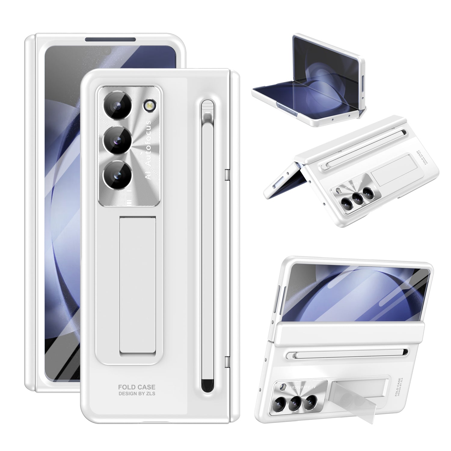 Samsung Galaxy Z Fold7 Electroplating Autofocus S-Pen Case with Kickstand Hinge Protection & Front Glass - White