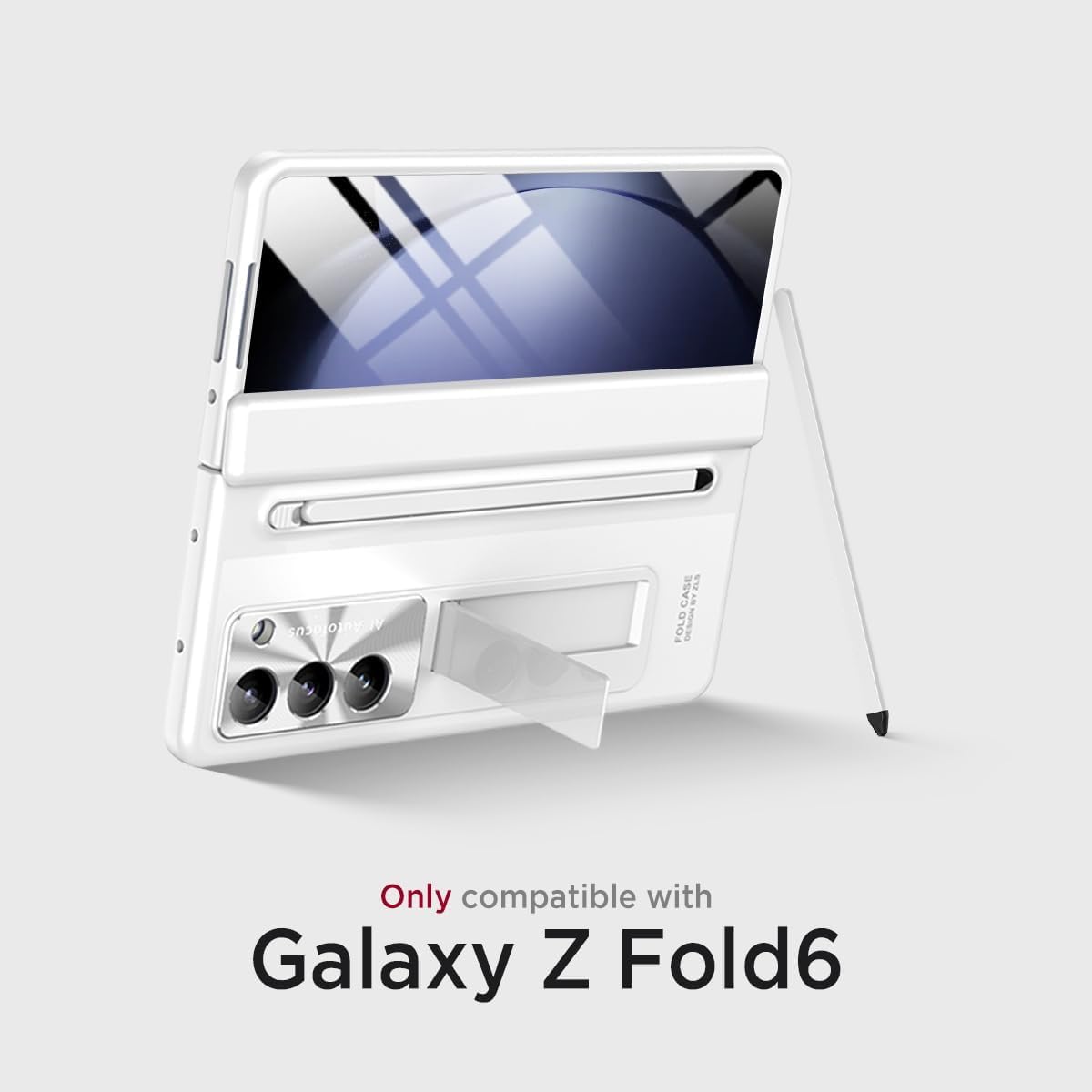 Samsung Galaxy Z Fold7 Electroplating Autofocus S-Pen Case with Kickstand Hinge Protection & Front Glass - White