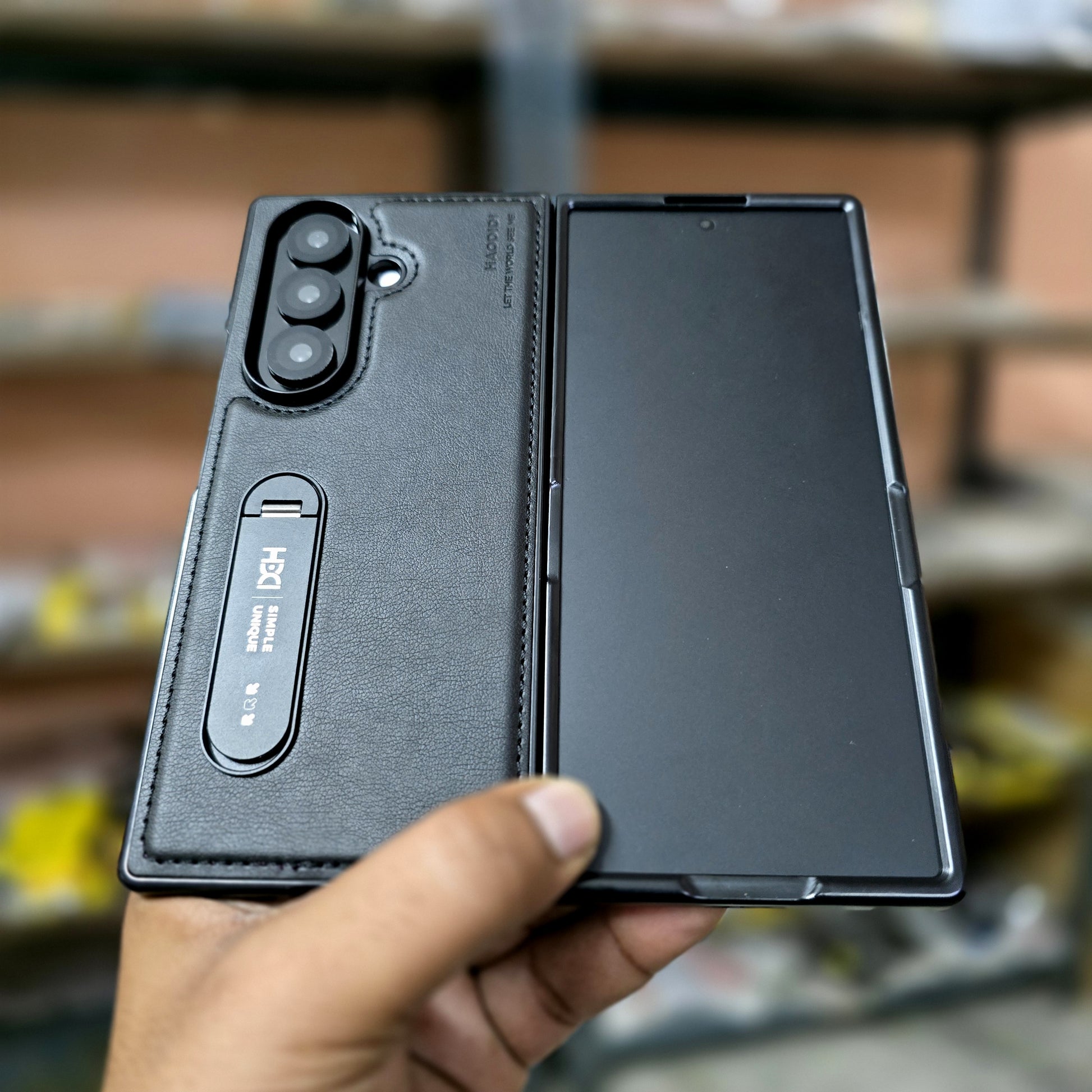 Samsung Galaxy Z Fold7 HBD Real Leather Case with Metal Stand - Black