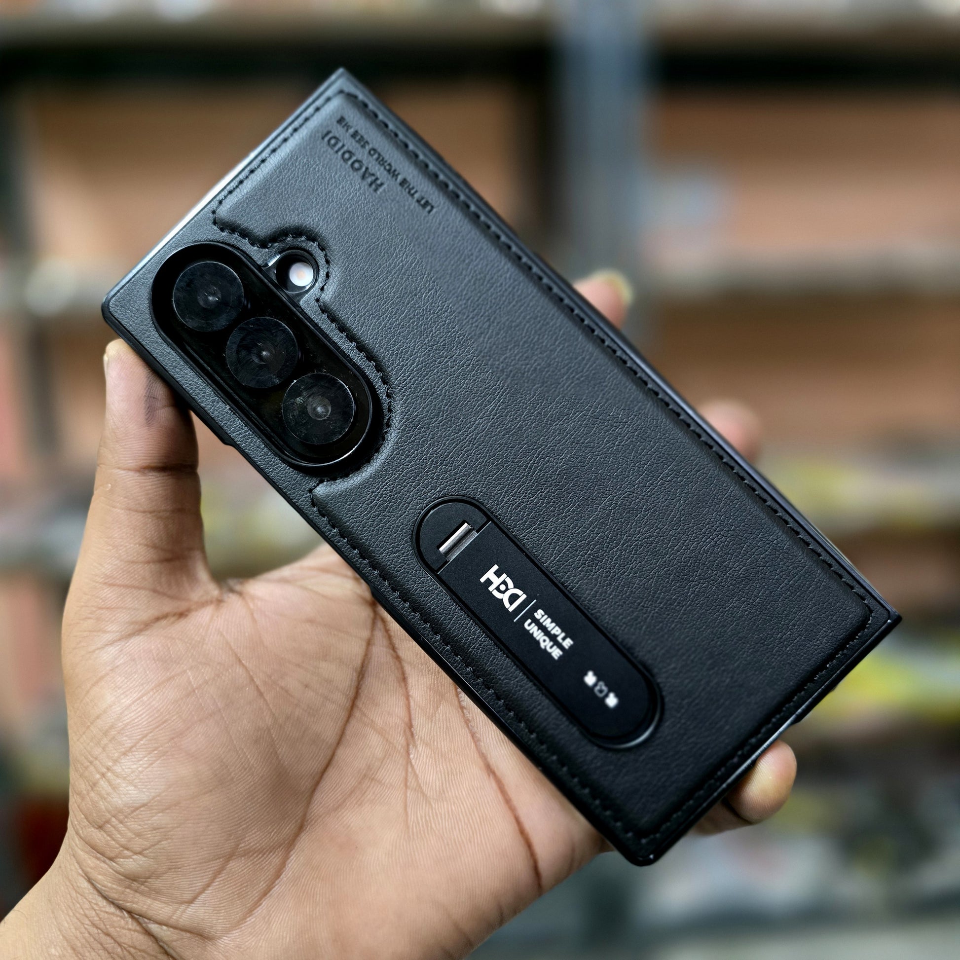 Samsung Galaxy Z Fold7 HBD Real Leather Case with Metal Stand - Black