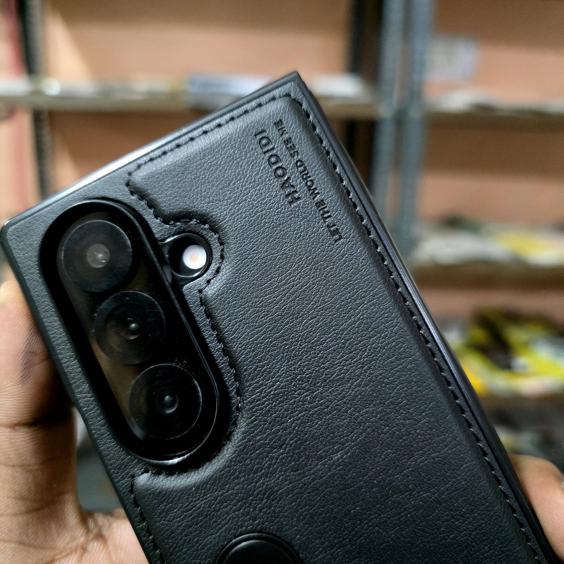 Samsung Galaxy Z Fold7 HBD Real Leather Case with Metal Stand - Black