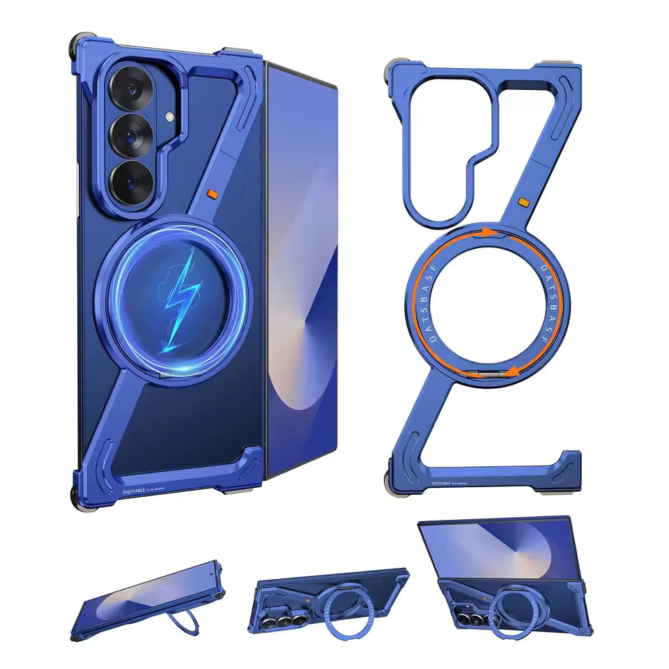 Samsung Galaxy Z Fold7 Metal Case, Frameless Z Shape Aluminum Alloy 360 ° Magnetic Rotating Ring with Magsafe - Blue