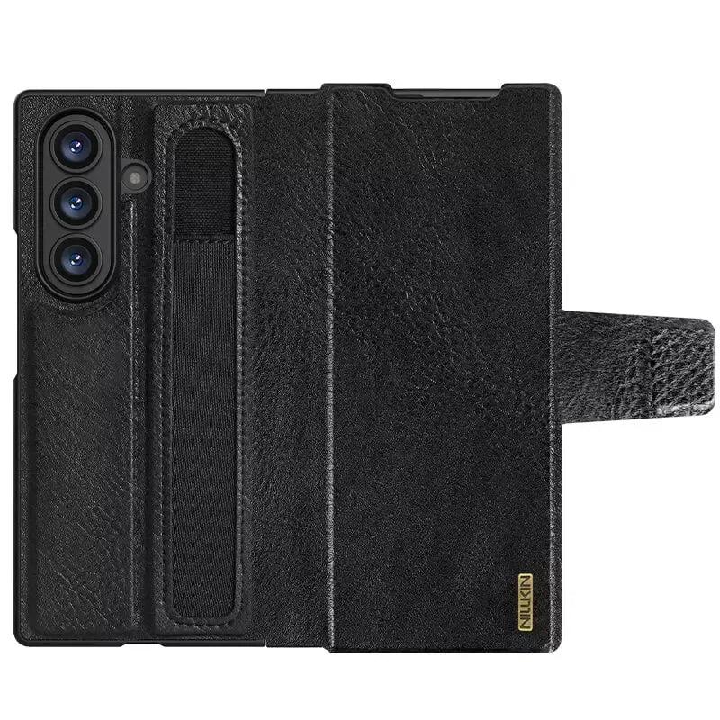 Samsung Galaxy Z Fold7 Nillkin Aoge Genuine Leather Case with Spen Slot and Kickstand - Black
