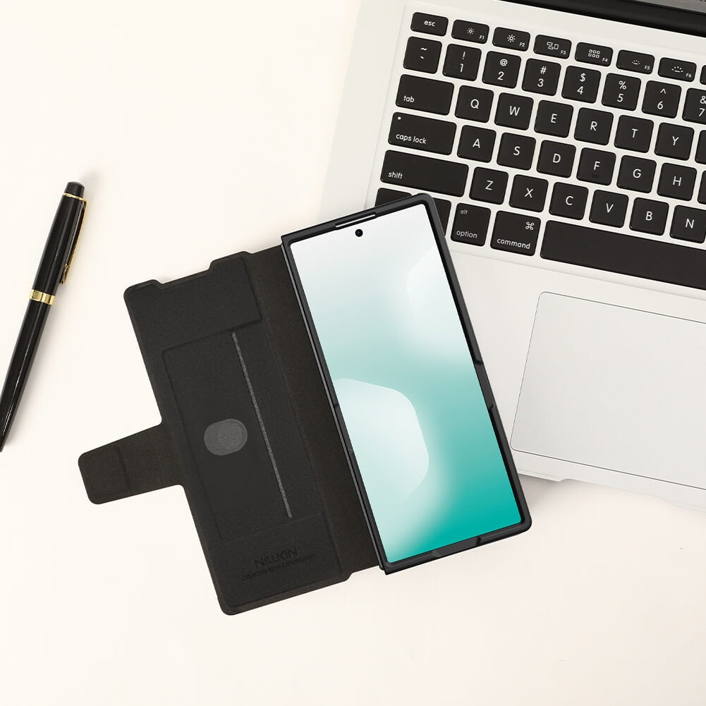 Samsung Galaxy Z Fold7 Nillkin Aoge Genuine Leather Case with Spen Slot and Kickstand - Black