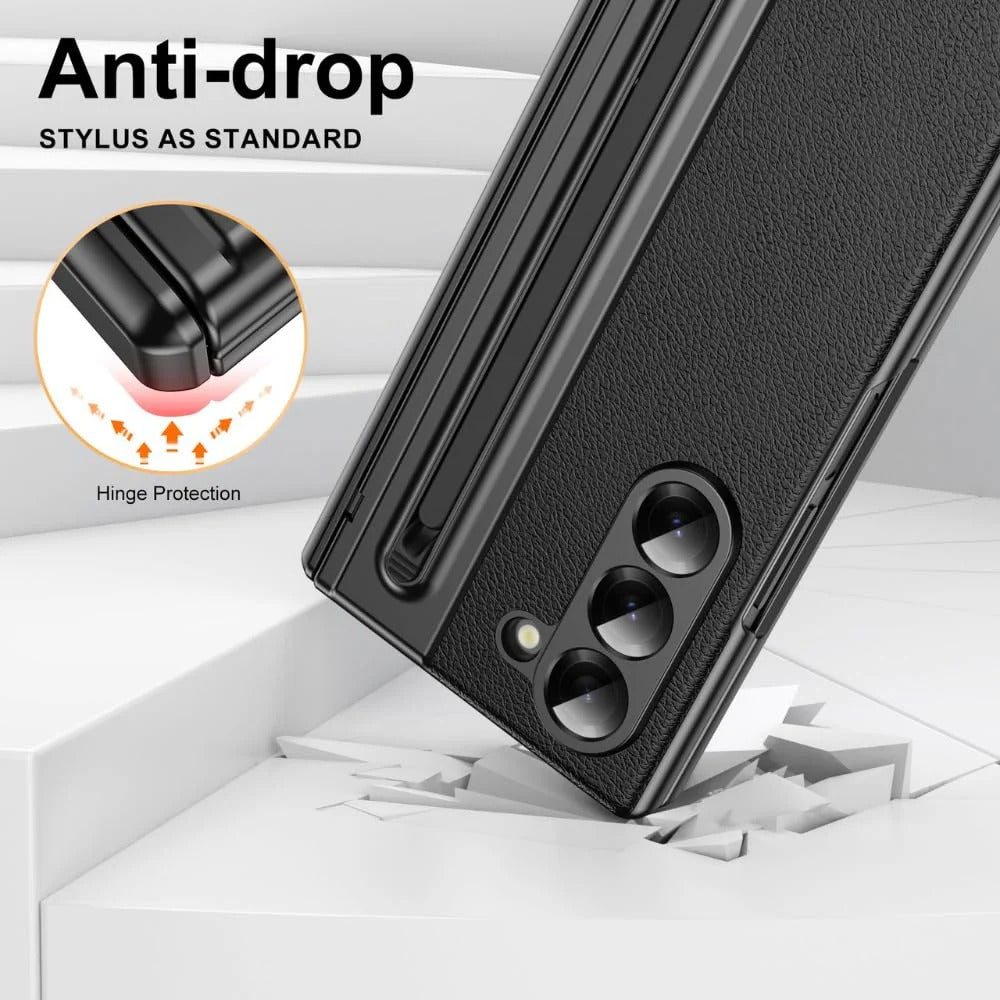 Samsung Galaxy Z Fold7 Leather Case, Electroplating S Pen Case with Kickstand & Hinge Protection - Black