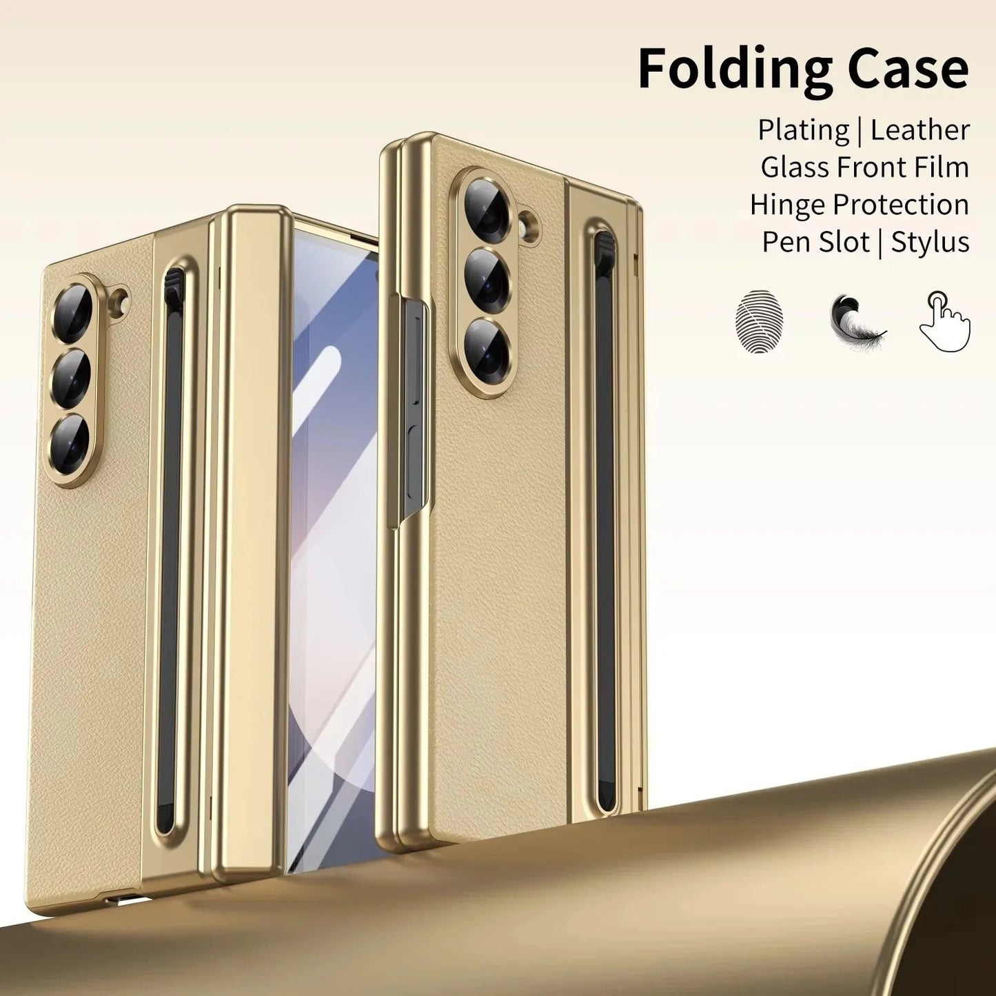 Samsung Galaxy Z Fold7 Leather Case, Electroplating S Pen Case with Kickstand & Hinge Protection