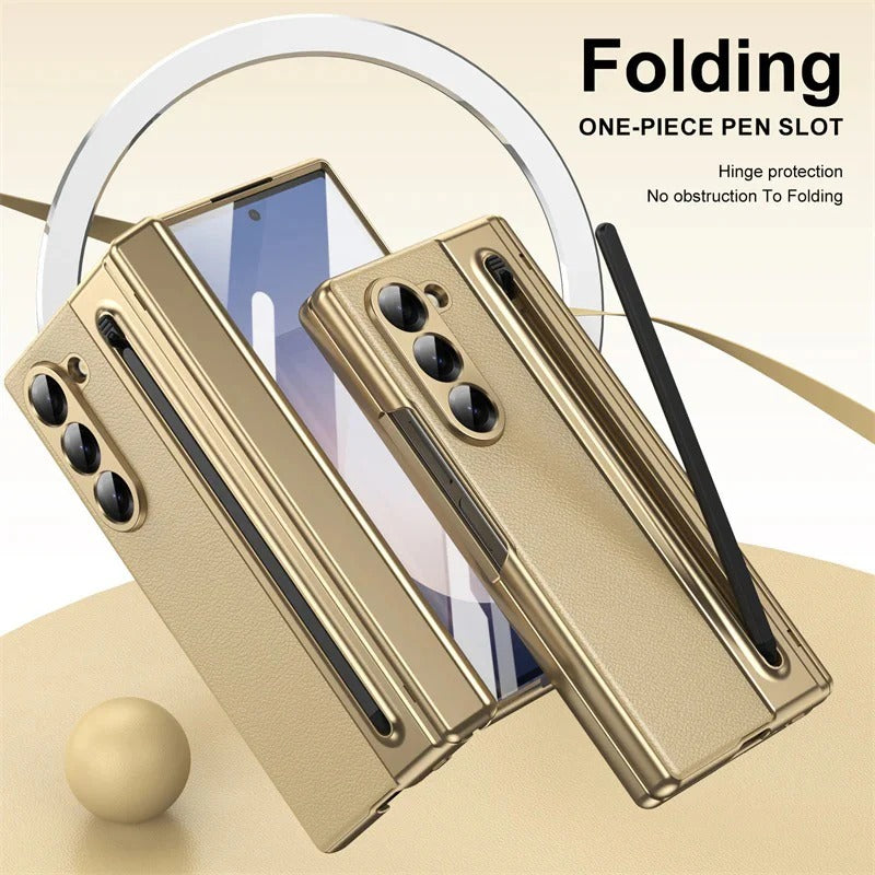 Samsung Galaxy Z Fold7 Leather Case, Electroplating S Pen Case with Kickstand & Hinge Protection