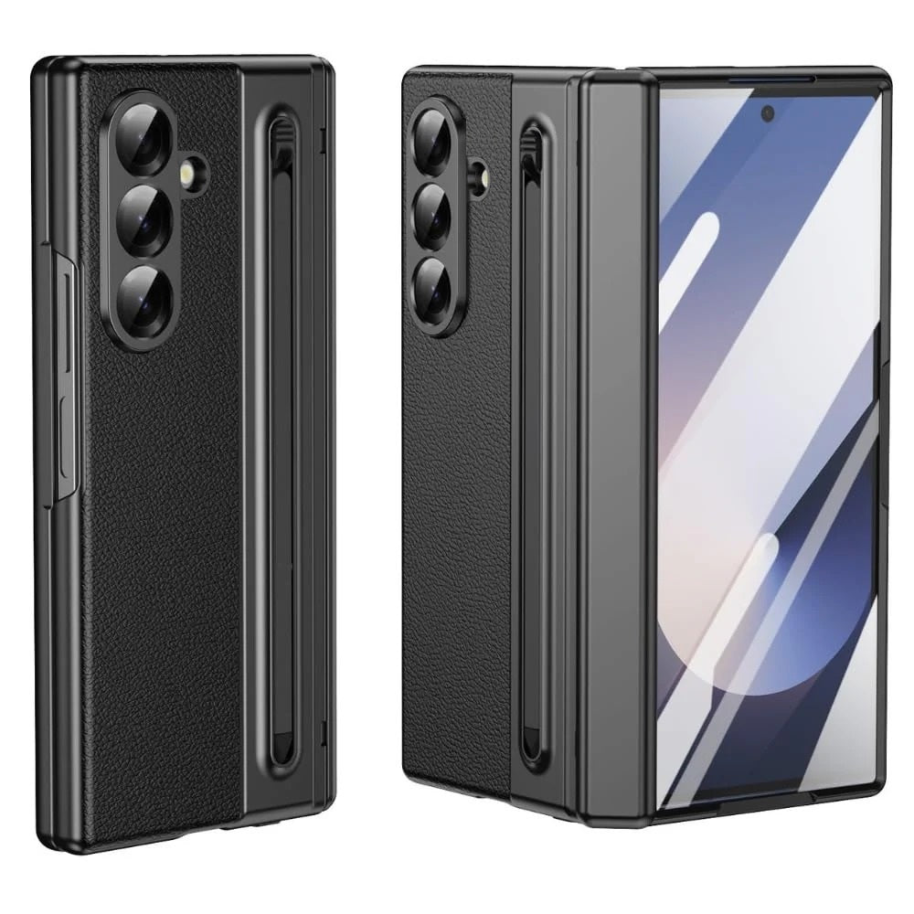 Samsung Galaxy Z Fold7 Leather Case, Electroplating S Pen Case with Kickstand & Hinge Protection - Black