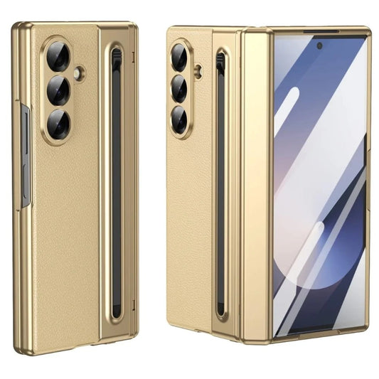 Samsung Galaxy Z Fold7 Leather Case, Electroplating S Pen Case with Kickstand & Hinge Protection