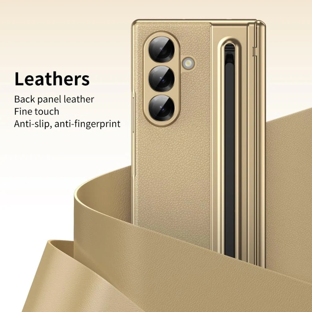 Samsung Galaxy Z Fold7 Leather Case, Electroplating S Pen Case with Kickstand & Hinge Protection