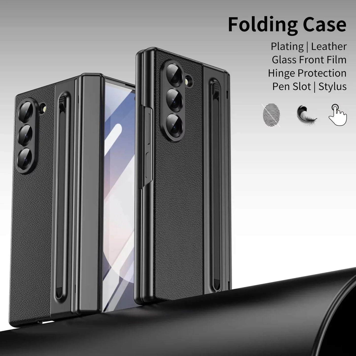 Samsung Galaxy Z Fold7 Leather Case, Electroplating S Pen Case with Kickstand & Hinge Protection - Black