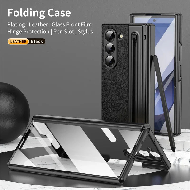 Samsung Galaxy Z Fold7 Leather Case, Electroplating S Pen Case with Kickstand & Hinge Protection - Black