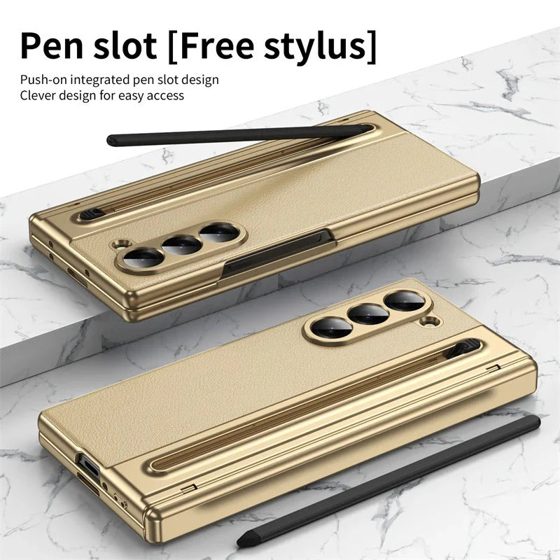 Samsung Galaxy Z Fold7 Leather Case, Electroplating S Pen Case with Kickstand & Hinge Protection