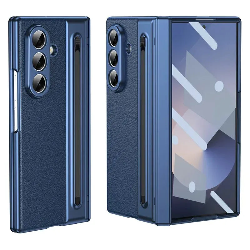 Samsung Galaxy Z Fold7 Leather Case, Electroplating S Pen Case with Kickstand & Hinge Protection - Blue