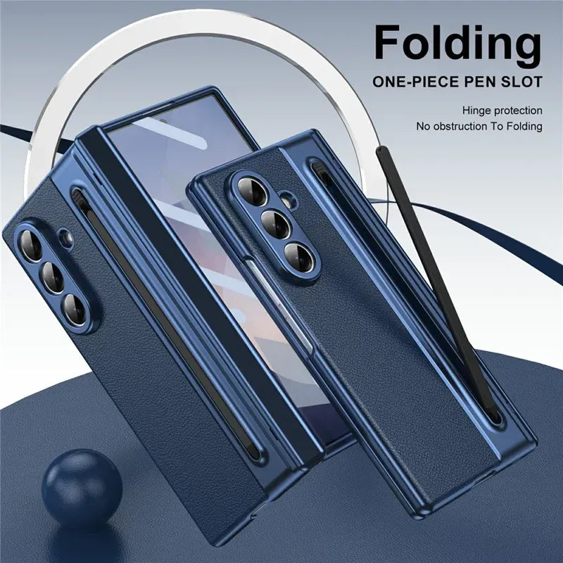 Samsung Galaxy Z Fold7 Leather Case, Electroplating S Pen Case with Kickstand & Hinge Protection - Blue