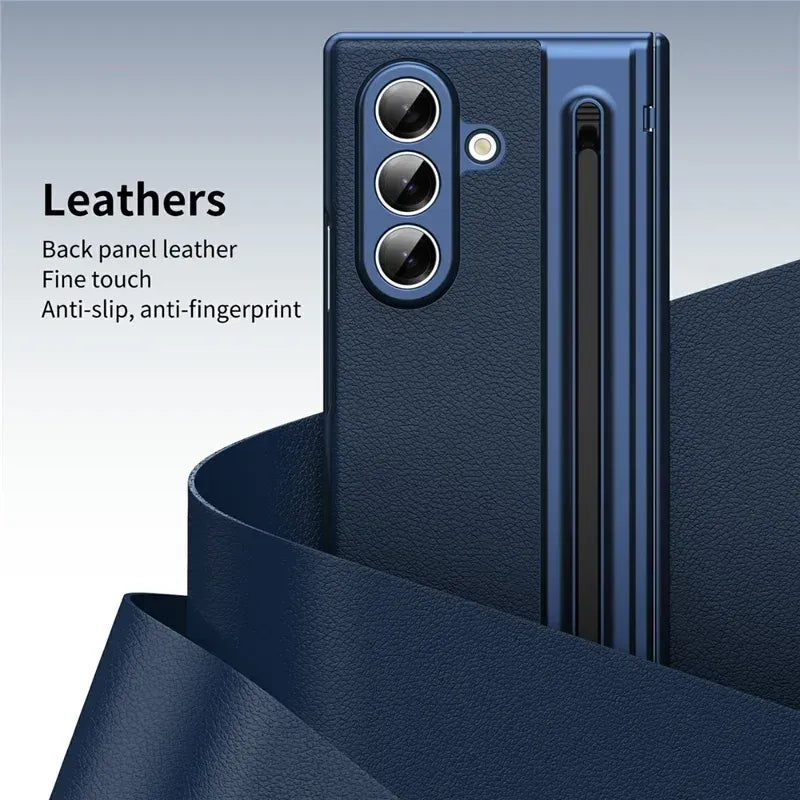 Samsung Galaxy Z Fold7 Leather Case, Electroplating S Pen Case with Kickstand & Hinge Protection - Blue